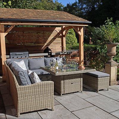 Wentworth 120cm Fire Pit Dine or Lounge Rattan Set with Bench
