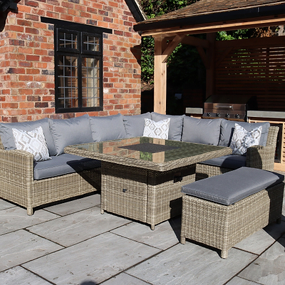 Wentworth 120cm Fire Pit Dine or Lounge Rattan Set with Bench
