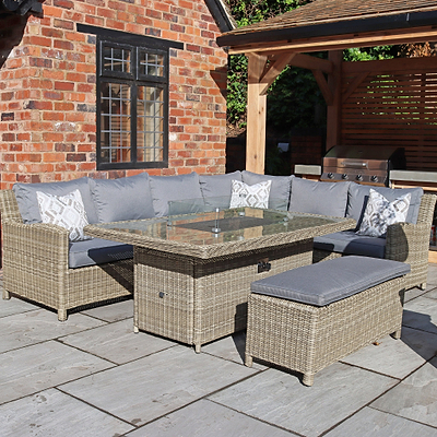 Wentworth 170cm Fire Pit Dine or Lounge Rattan Set with Bench