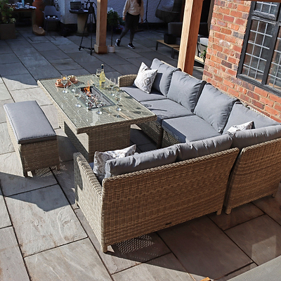 Wentworth 170cm Fire Pit Dine or Lounge Rattan Set with Bench