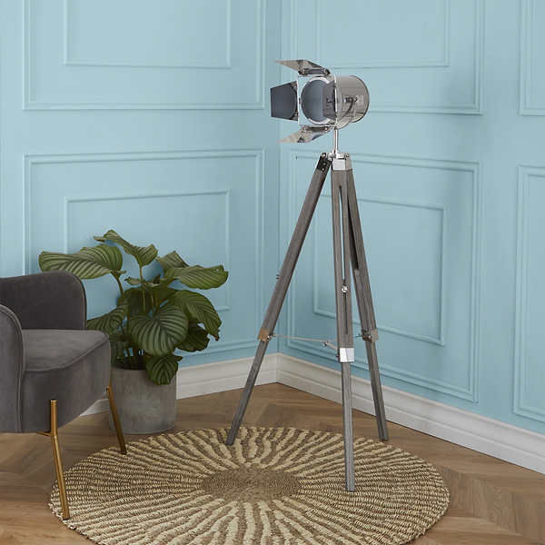 Hereford Silver Metal and Wood Tripod Film Floor Lamp