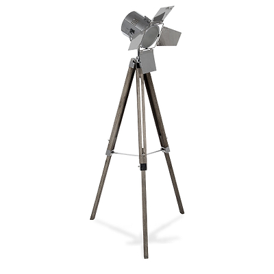 Hereford Silver Metal and Wood Tripod Film Floor Lamp