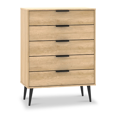 Asher Light Oak 5 Drawer Chest with Black Legs