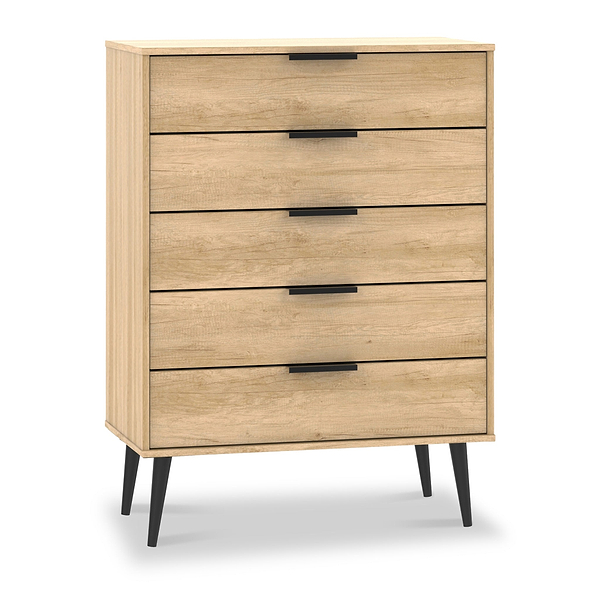 Asher Light Oak 5 Drawer Chest with Black Legs