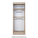 A wooden wardrobe with measurements: Upper Shelf Height 29cm, Hanging Height 131cm, Internal Width 70.6cm, Internal Depth 49.2cm. It's for size information only.