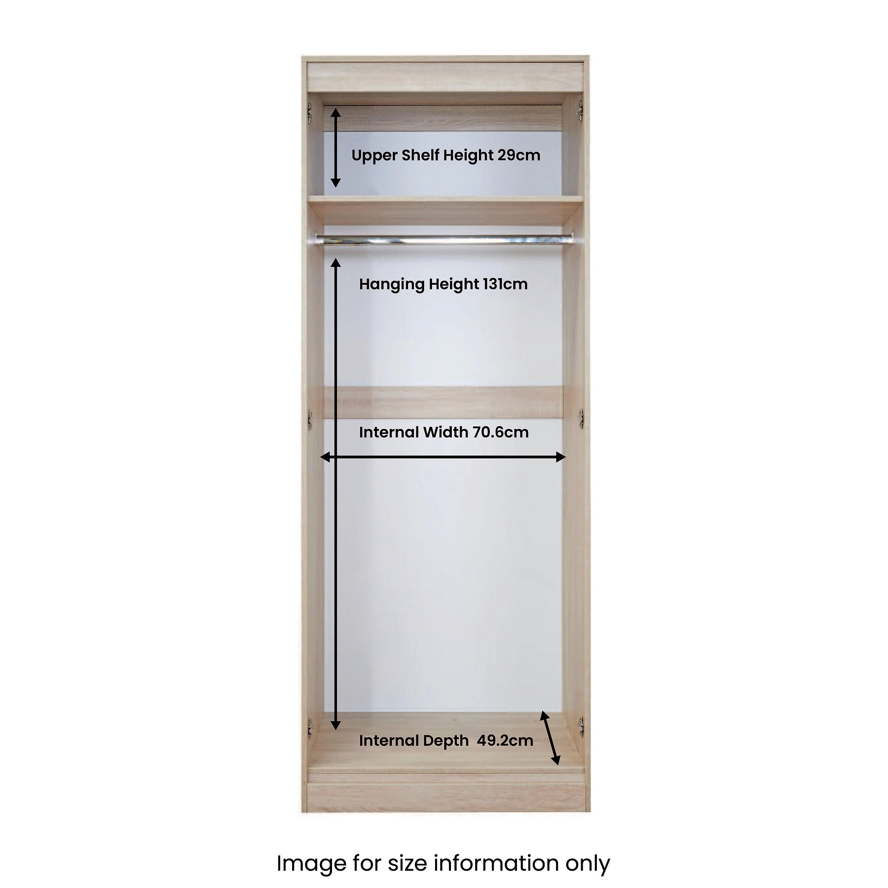 A wooden wardrobe with measurements: Upper Shelf Height 29cm, Hanging Height 131cm, Internal Width 70.6cm, Internal Depth 49.2cm. It's for size information only.