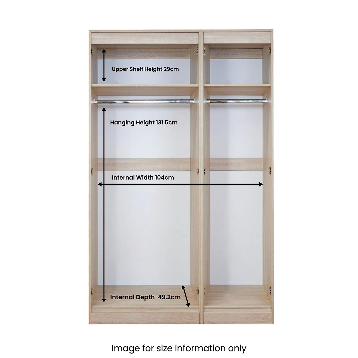 An open wooden wardrobe with dimensions labeled: Upper Shelf Height 29cm, Hanging Height 131.5cm, Internal Width 104cm, Internal Depth 49.2cm. Caption: "Image for size information only."
