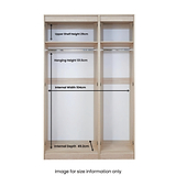 An open wooden wardrobe with dimensions labeled: Upper Shelf Height 29cm, Hanging Height 131.5cm, Internal Width 104cm, Internal Depth 49.2cm. Caption: "Image for size information only."