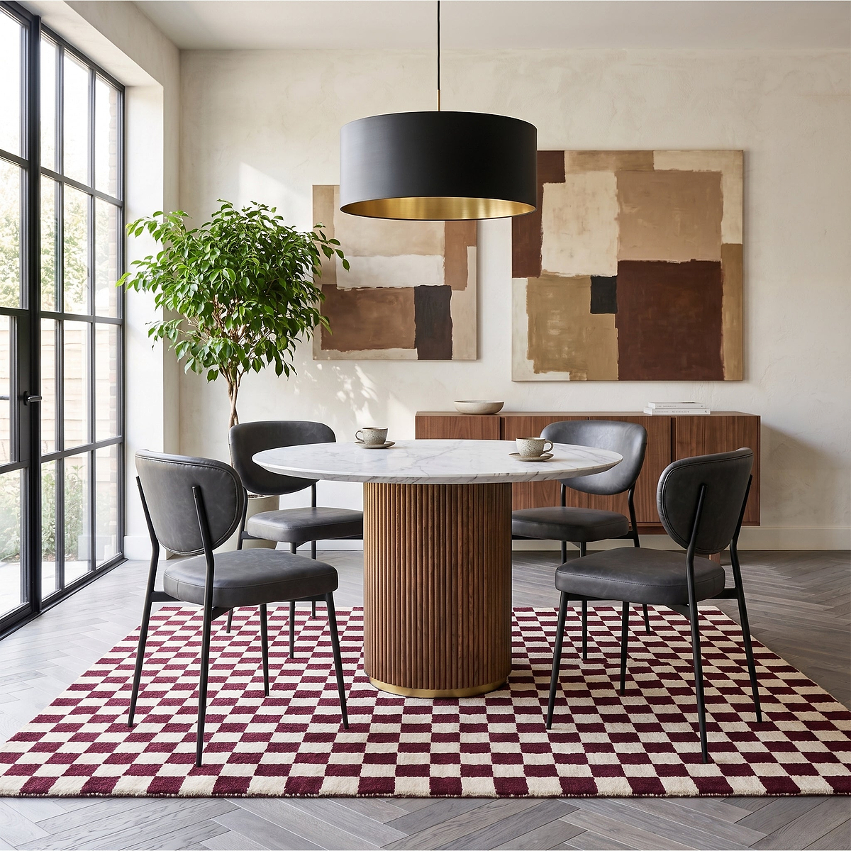 Milo Walnut Stain Marble & Mango Round Fluted Dining Table by Roseland Furniture
