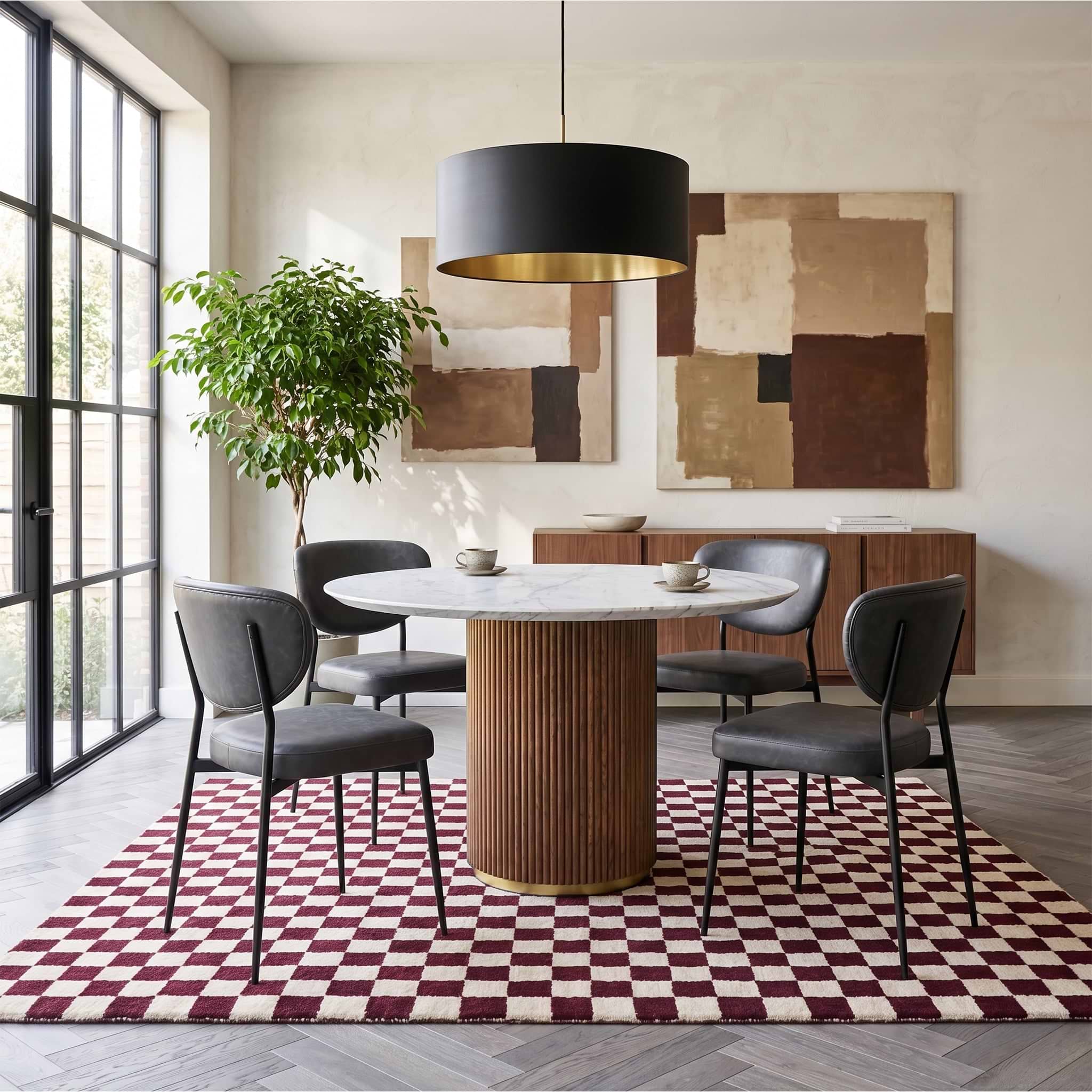 Milo Walnut Stain Marble & Mango Round Fluted Dining Table by Roseland Furniture