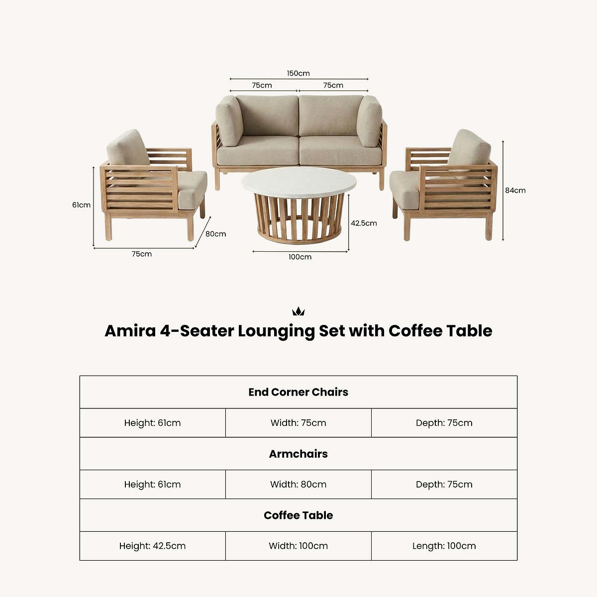 Amira 4 Seater Lounging Set with Coffee Table dimensions