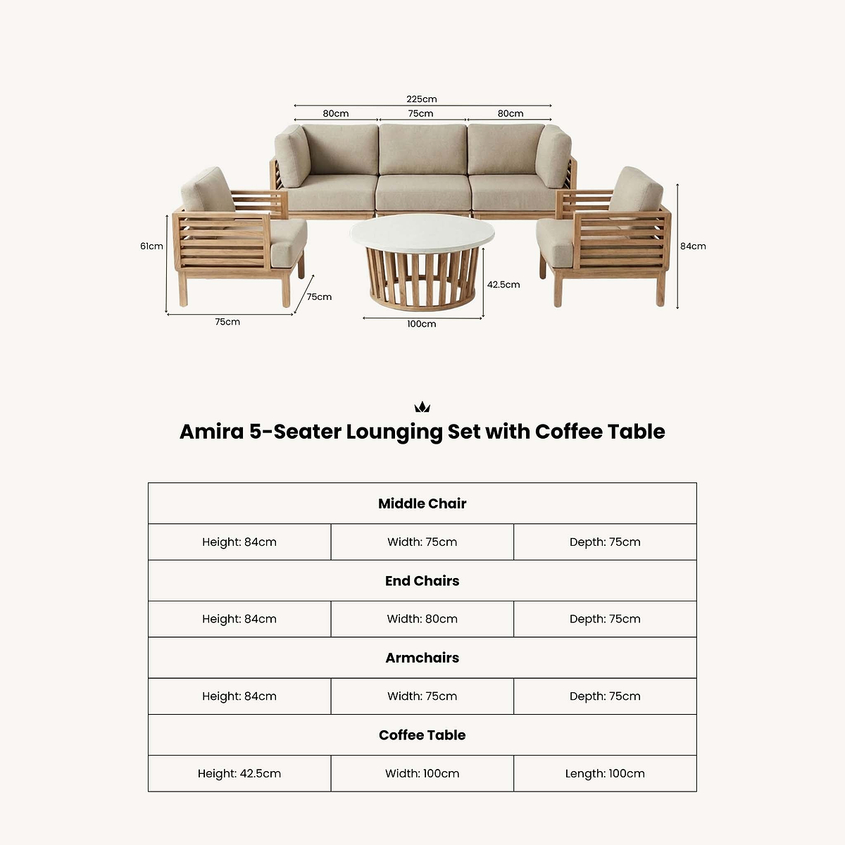 Amira 5 Seater Lounging Set with Coffee Table dimensions