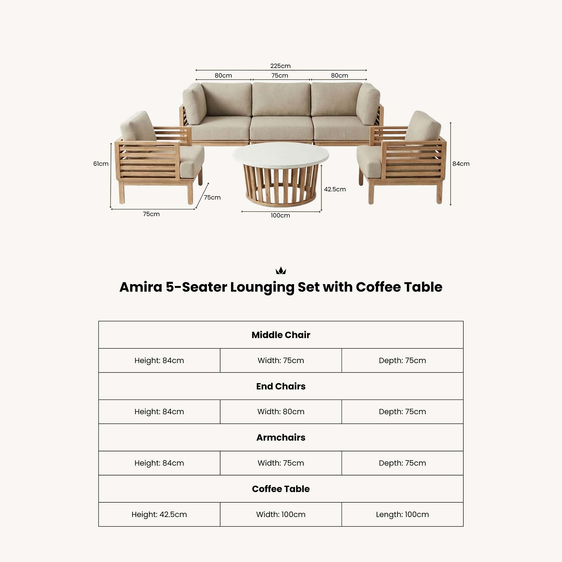 Amira 5 Seater Lounging Set with Coffee Table dimensions