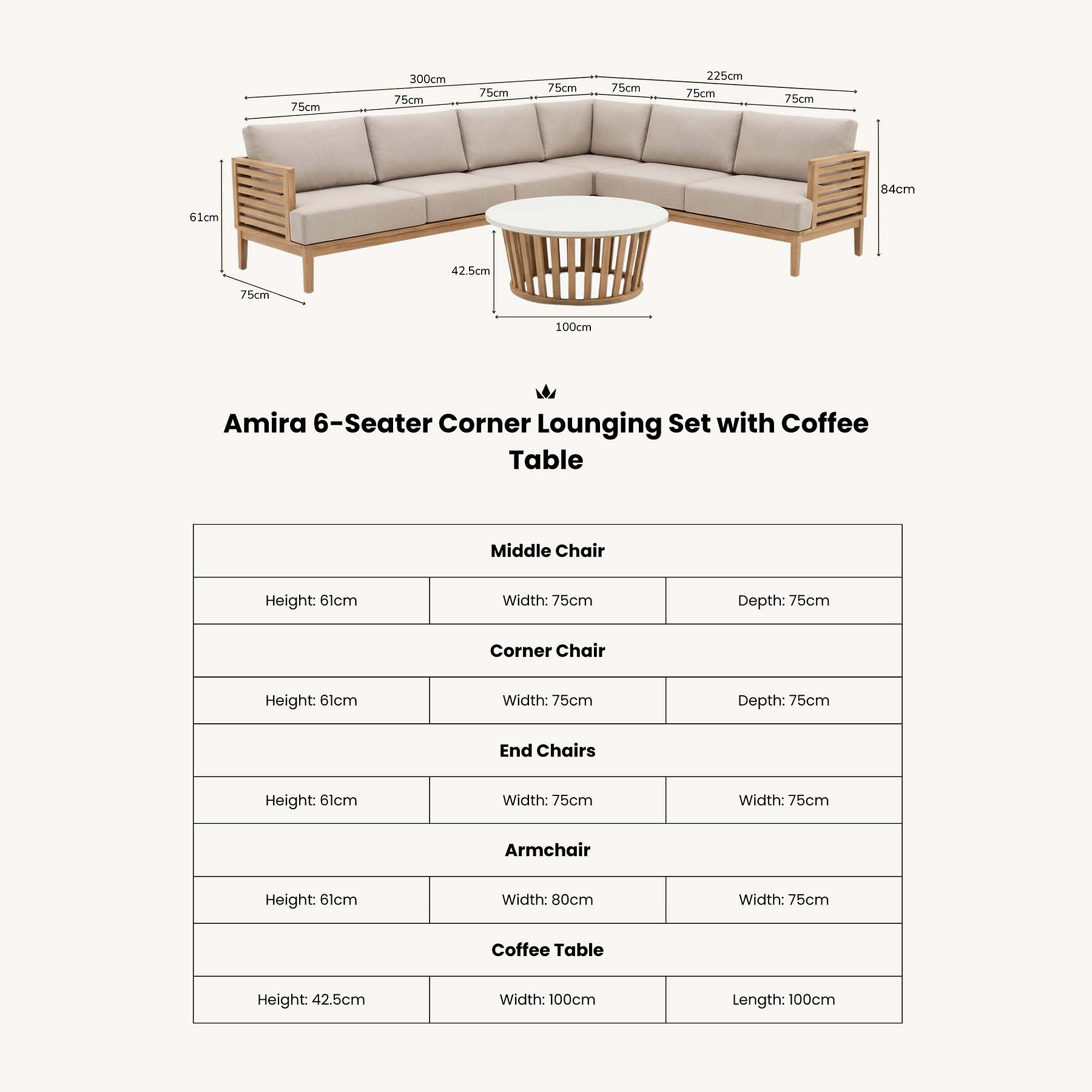 Amira 6 Seater Corner Lounging Set with Coffee Table dimensions