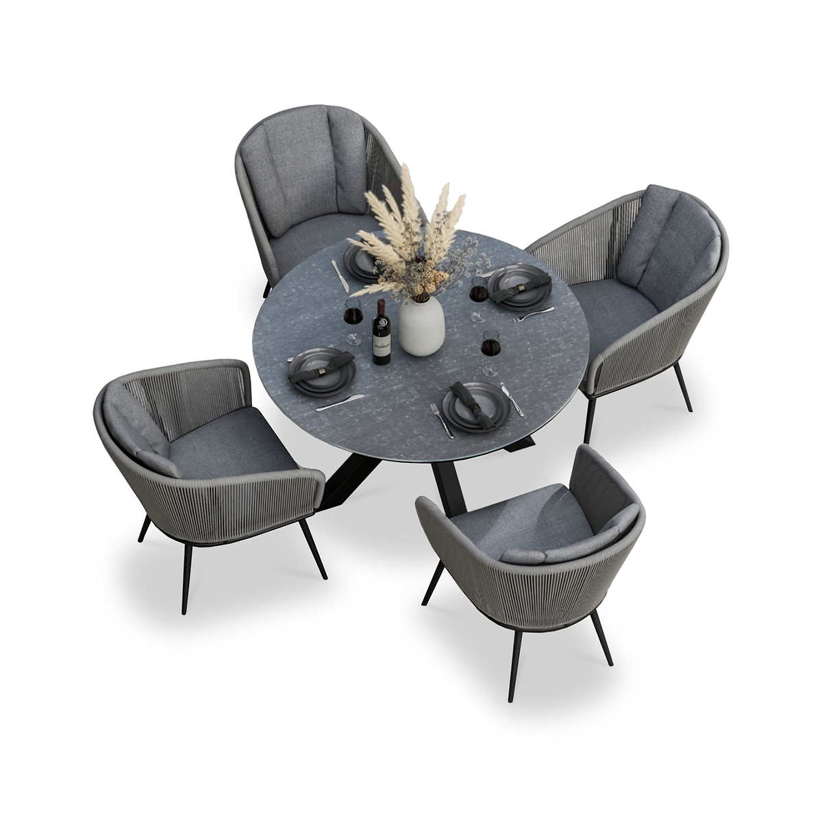 Aspen 4 Seater Round Ceramic Glass Dining Set with Aspen Rope Chairs