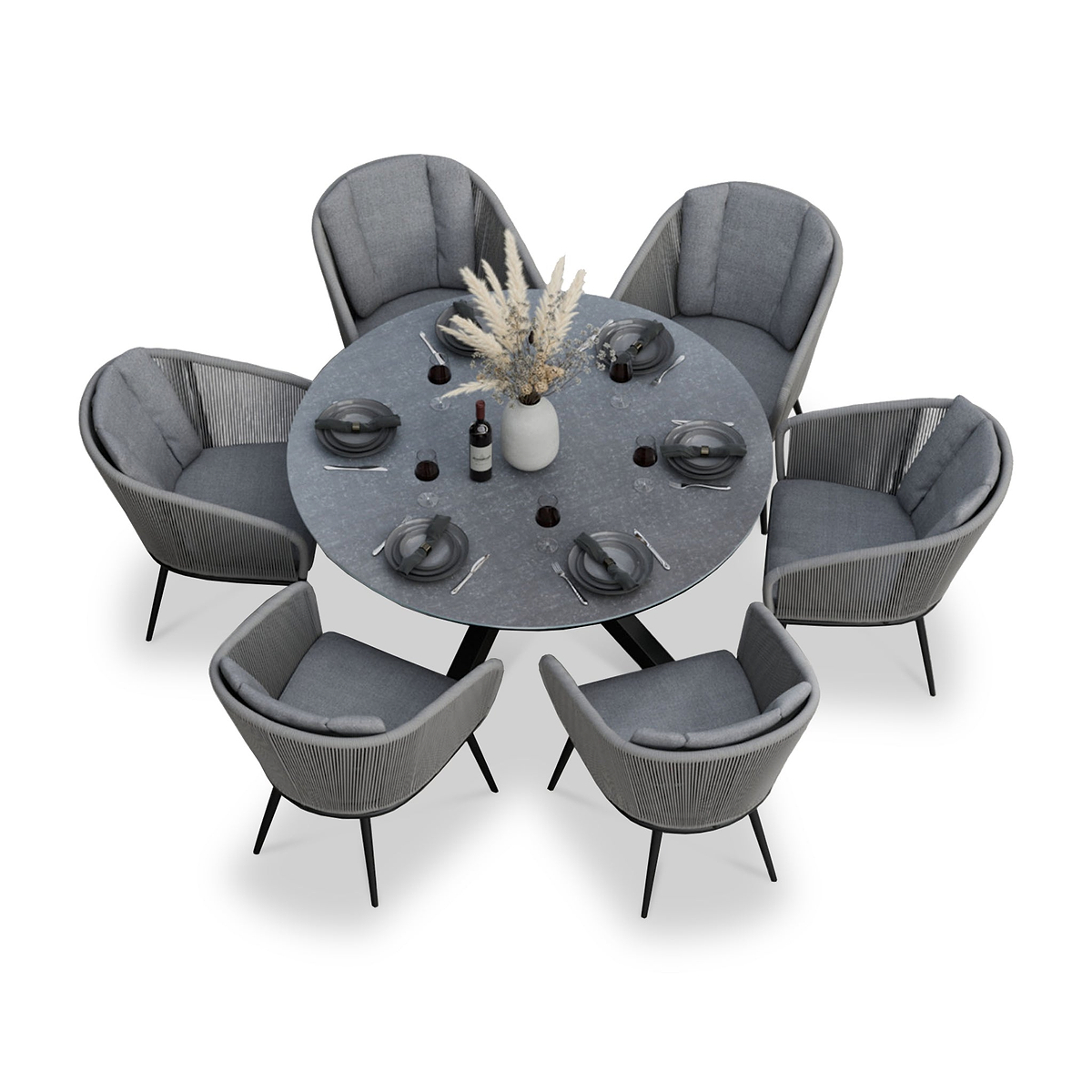Aspen 6 Seater Round Ceramic Glass Dining Set with Aspen Rope Chairs