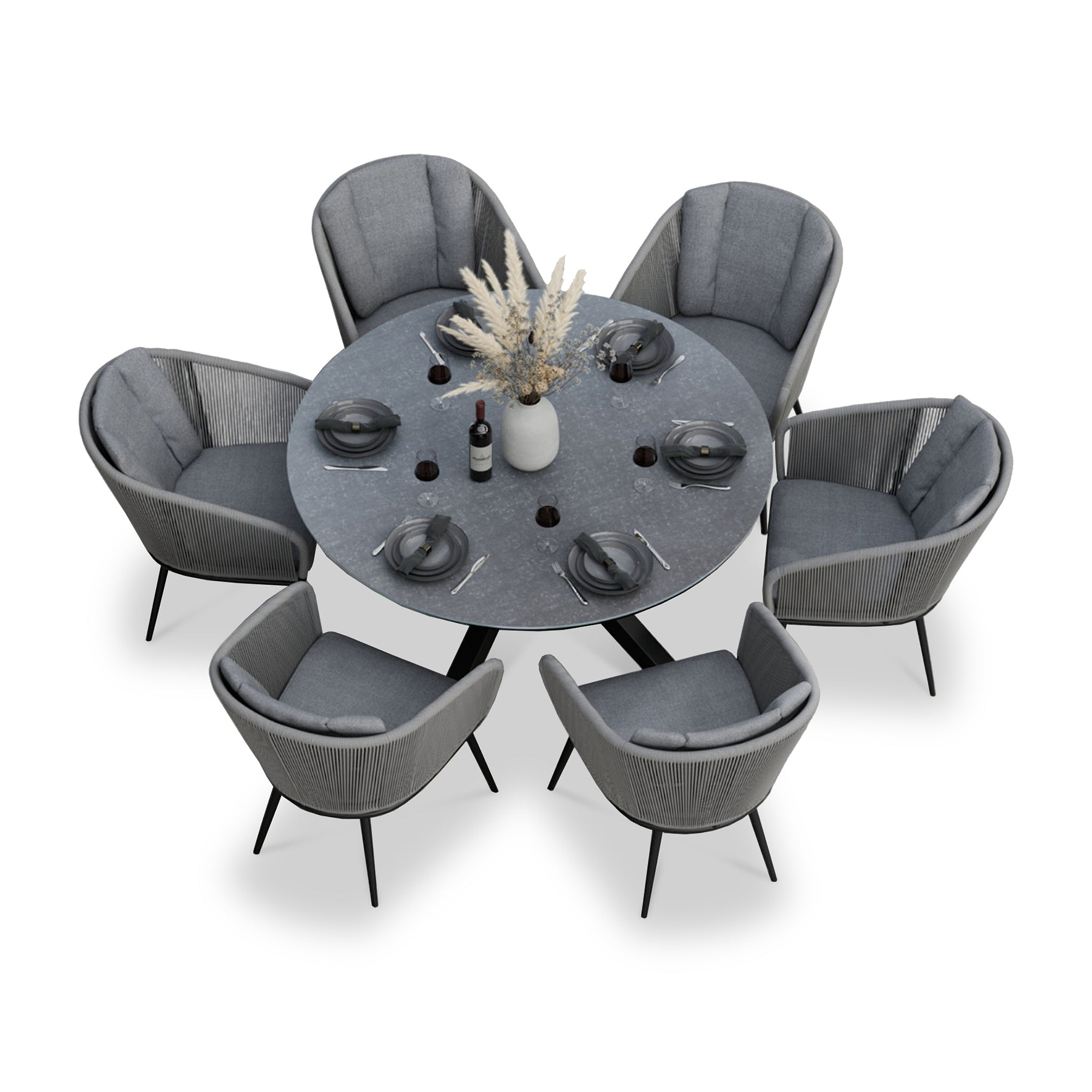 Aspen 6 Seater Round Ceramic Glass Dining Set with Aspen Rope Chairs