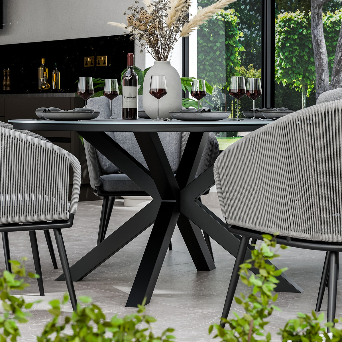 Aspen 150cm Round Grey Table w 6 Rope Chairs from Roseland Furniture