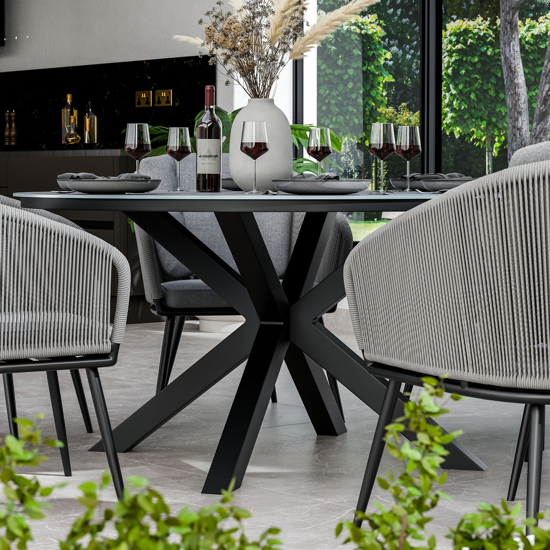 Aspen 150cm Round Grey Table w 6 Rope Chairs from Roseland Furniture