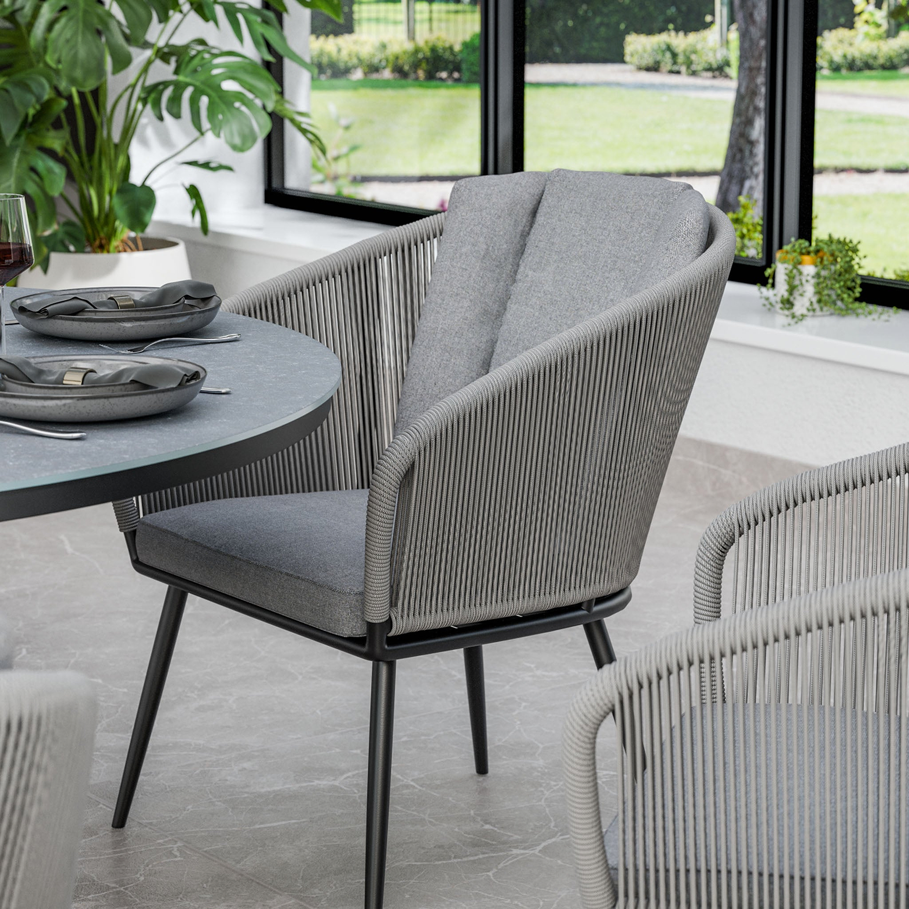 Aspen 150cm Round Grey Table w 6 Rope Chairs from Roseland Furniture