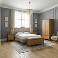 Alderley Oak Bedroom with upholstered bed, bedsides, storage bench and double wardrobe