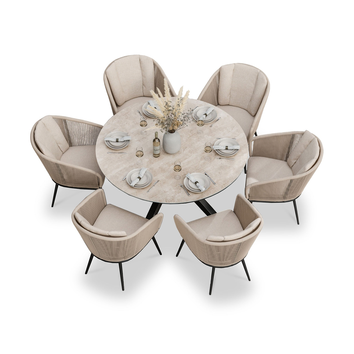 Bali 6 Seater Round Ceramic Glass Dining Set with Bali Rope Chairs