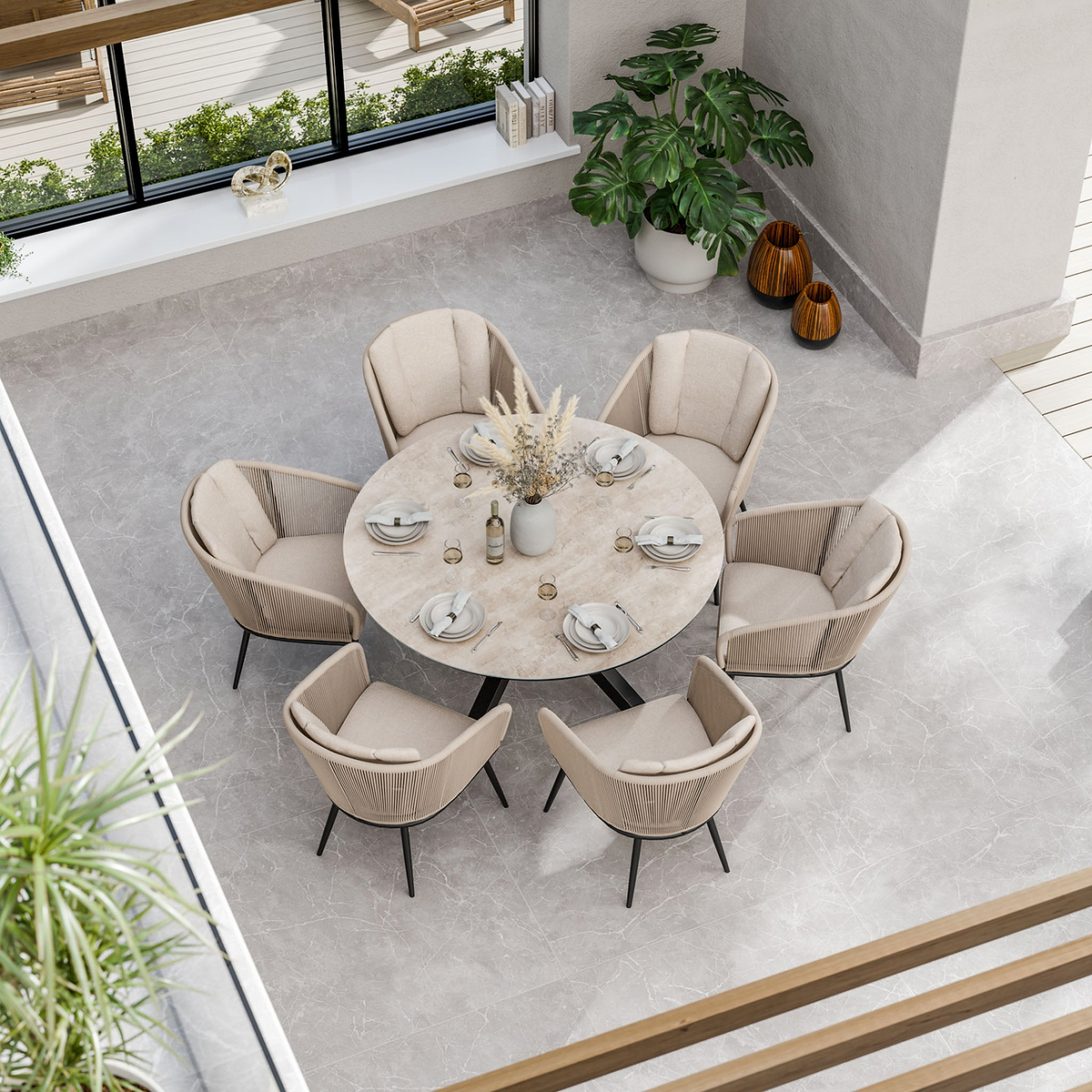 Bali 150cm Round Table w 6 Bali Rope Chairs from Roseland Furniture