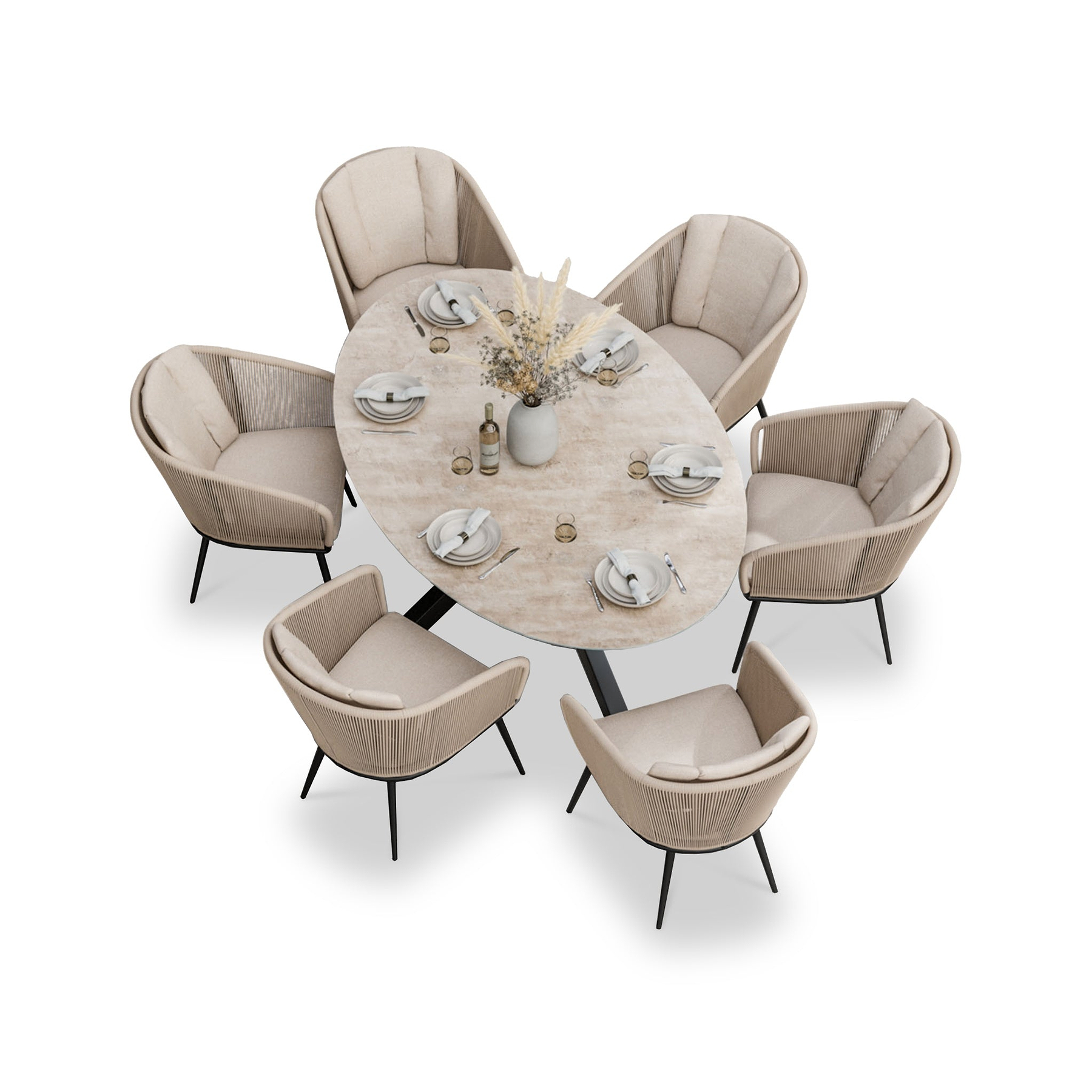 Bali 6 Seater Ellipse Ceramic Glass Dining Set with Bali Rope Chairs