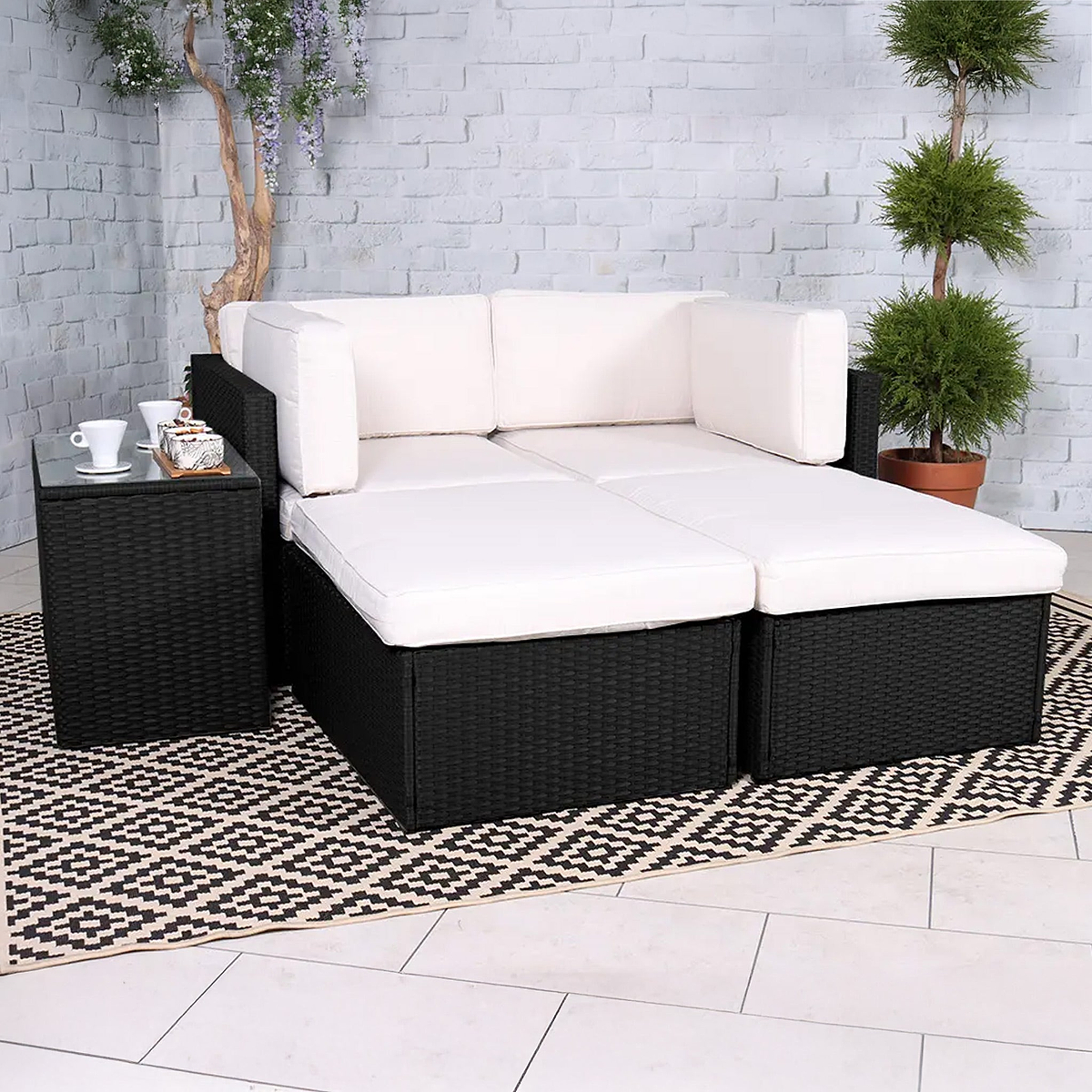 Rattan Multipositonal Lounge Set with Console Black from Roseland Furniture