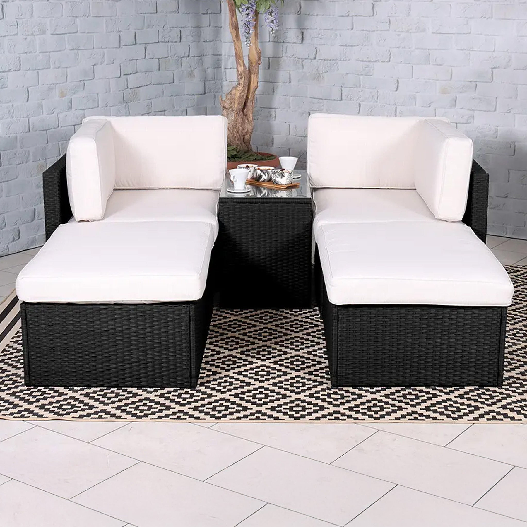 Rattan Multipositonal Lounge Set with Console Black from Roseland Furniture