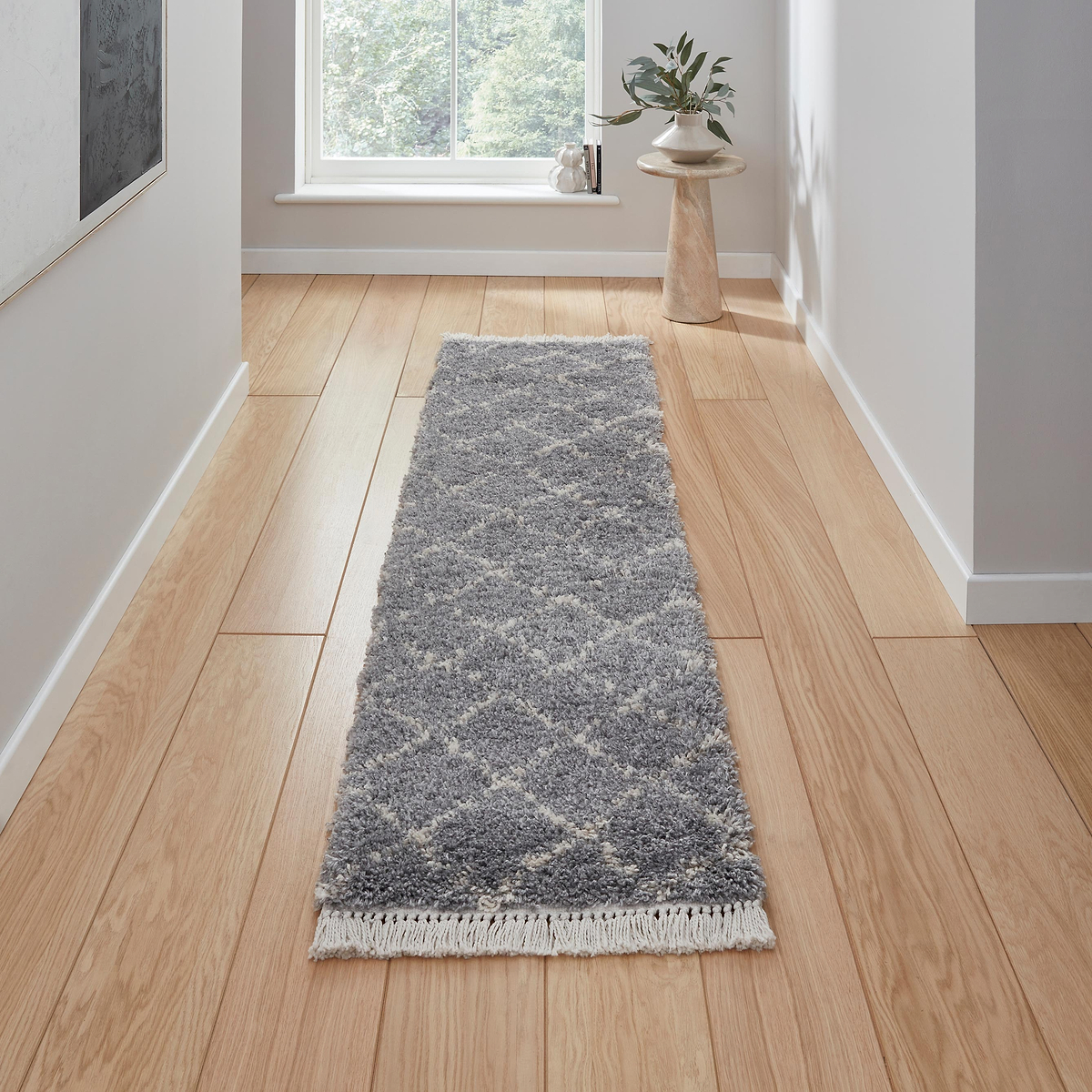 Grey Willow Shaggy Tasselled Diamond Runner Rug from Roseland Furniture