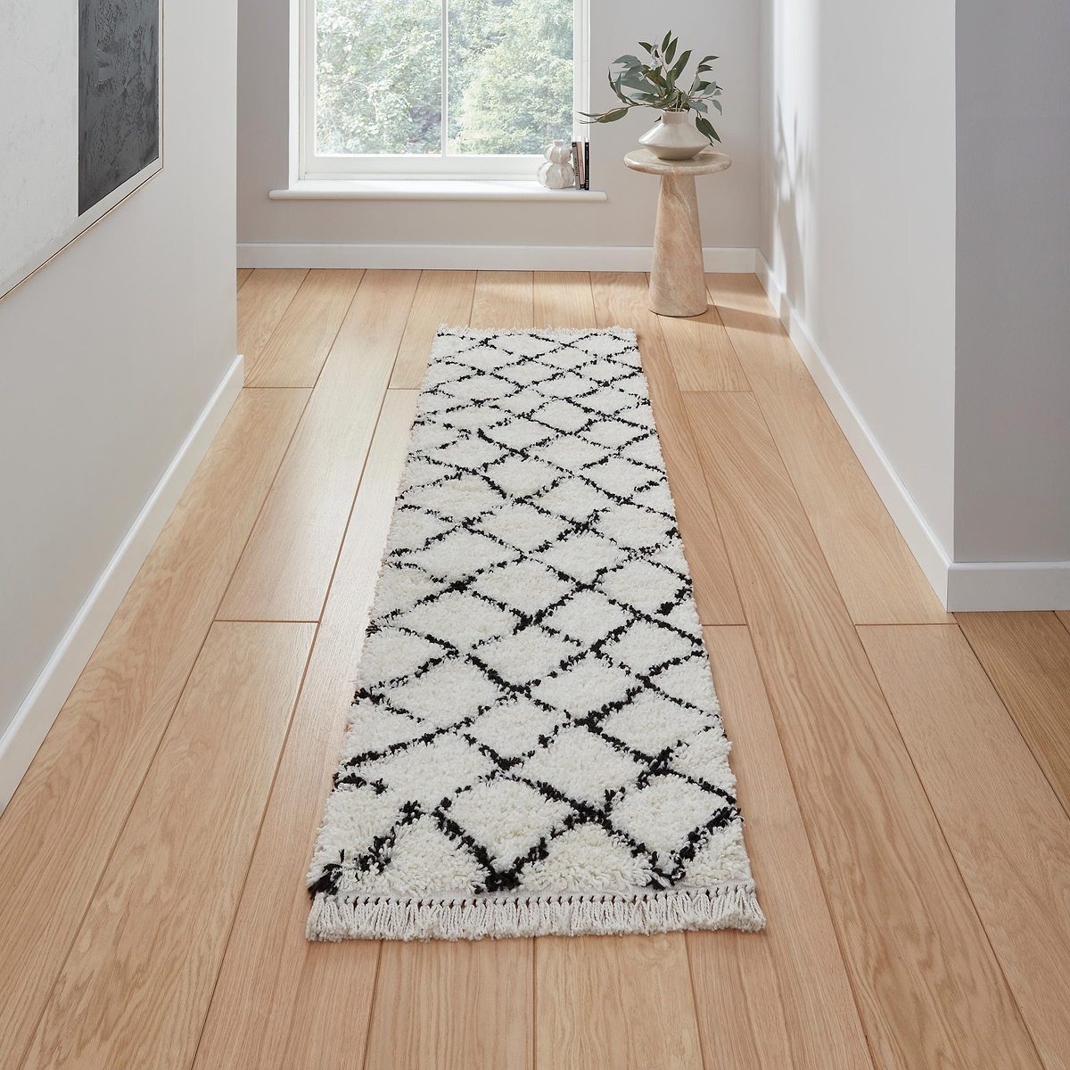 Black Willow Shaggy Tasselled Diamond Runner Rug from Roseland Furniture