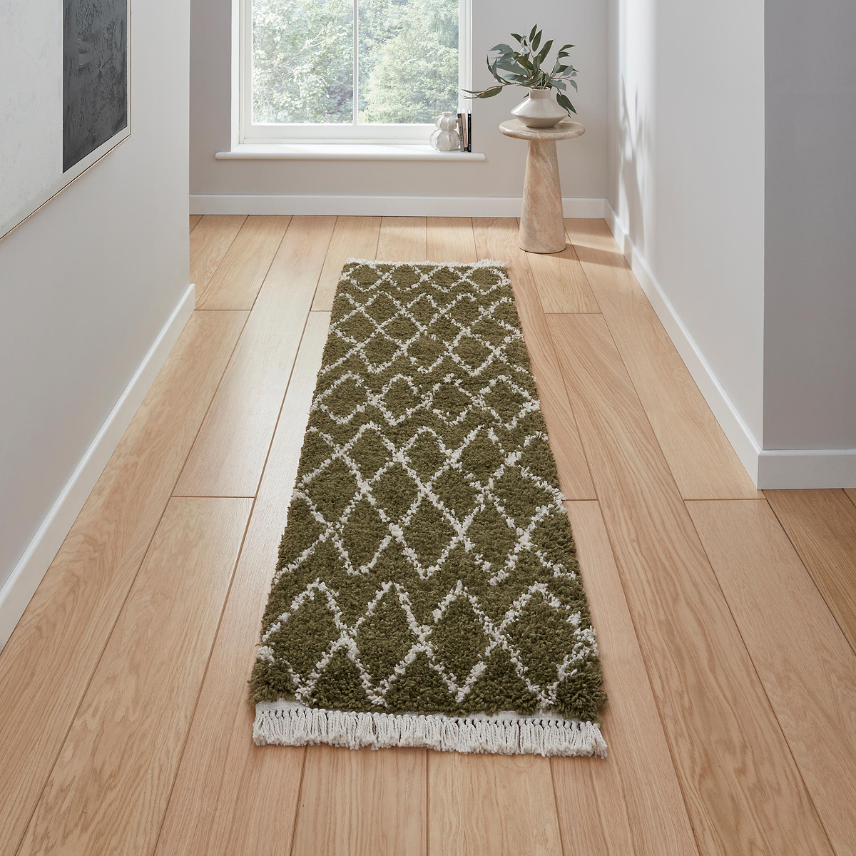 Green Edie Boho Diamond Shaggy Runner Rug from Roseland Furniture