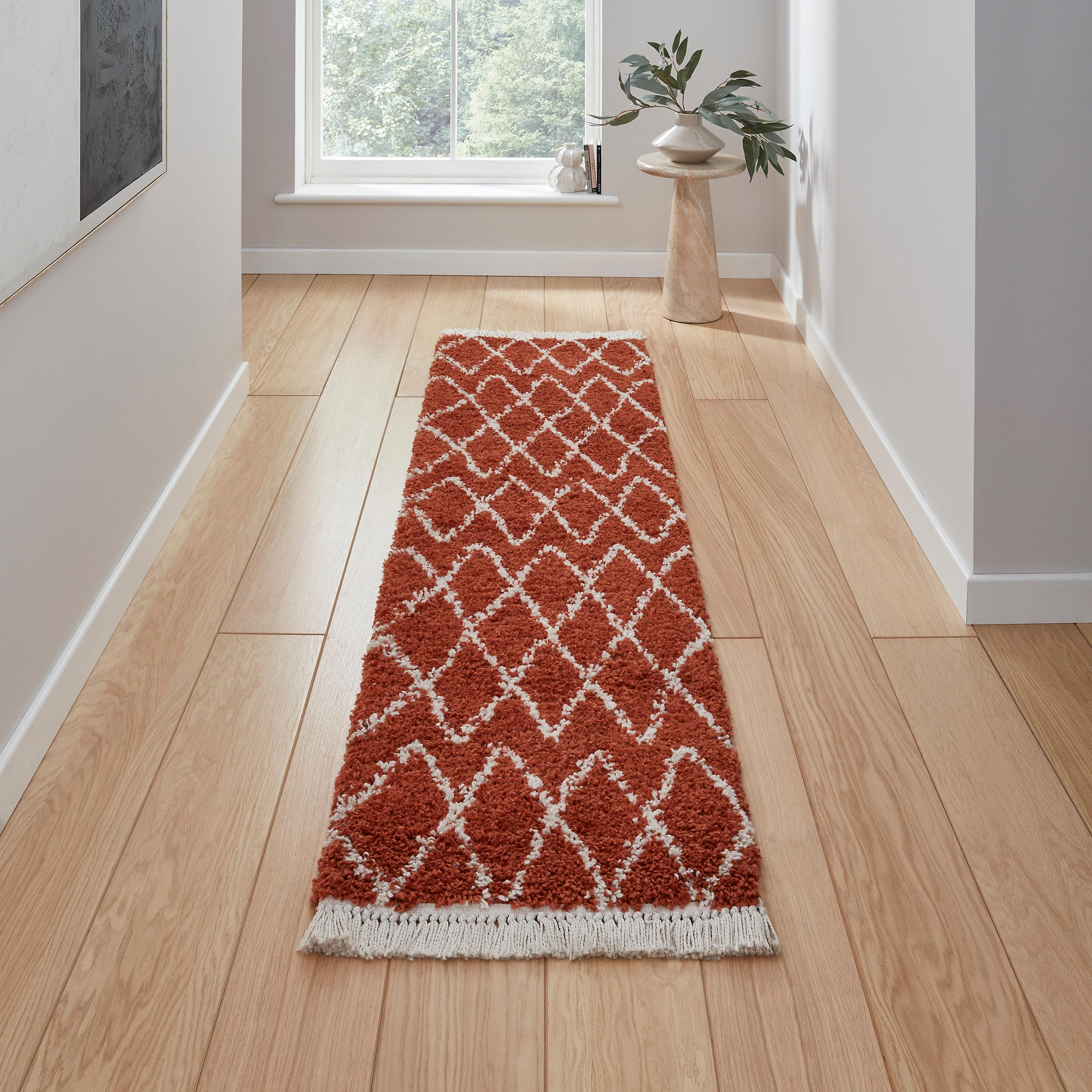 Red Edie Boho Diamond Shaggy Runner Rug from Roseland Furniture
