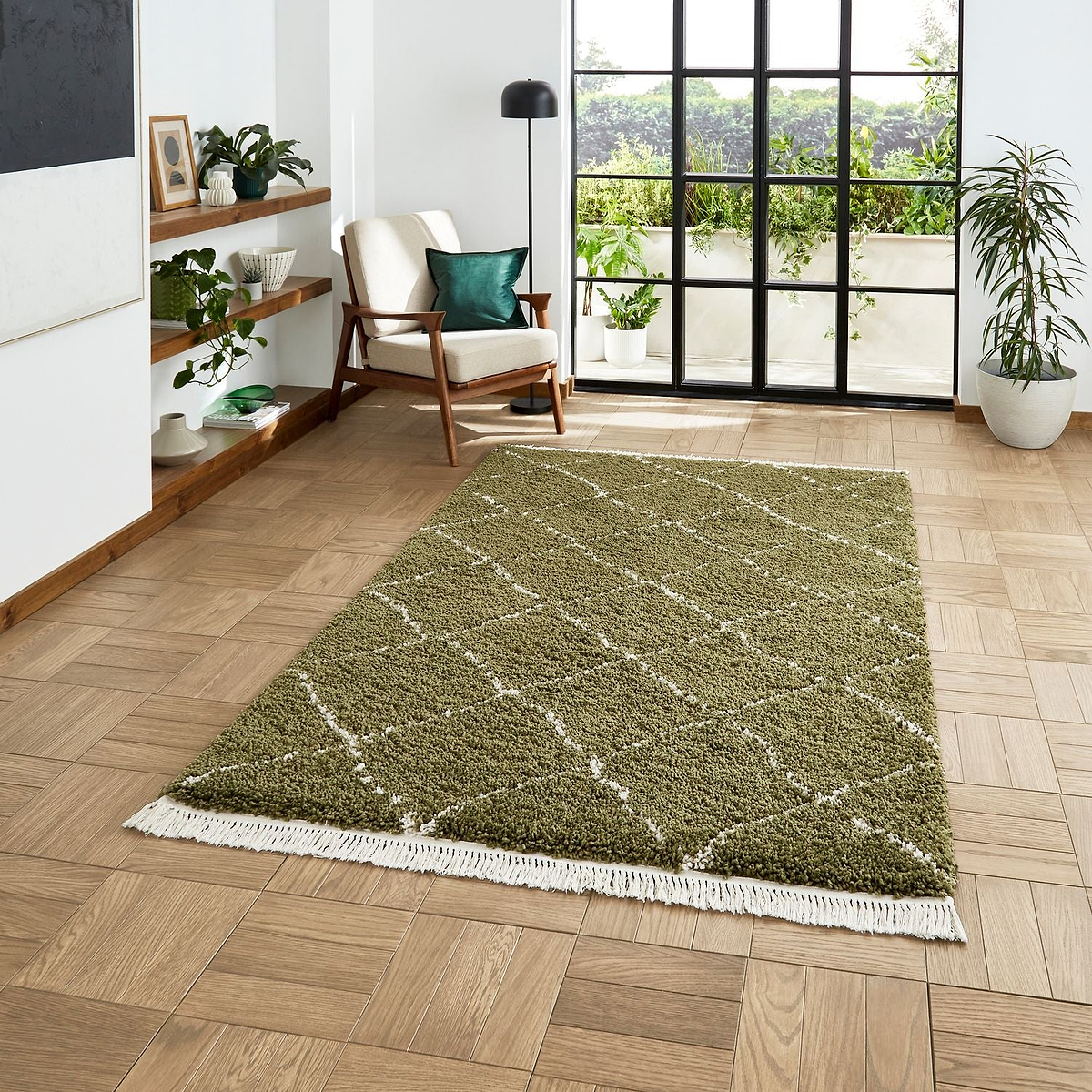 Green Willow Shaggy Tasselled Diamond Rug from Roseland Furniture