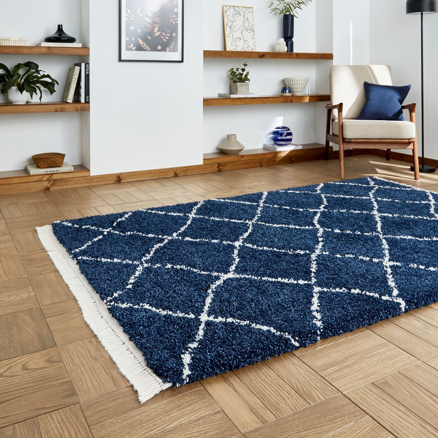 Navy Willow Shaggy Tasselled Diamond Rug from Roseland Furniture