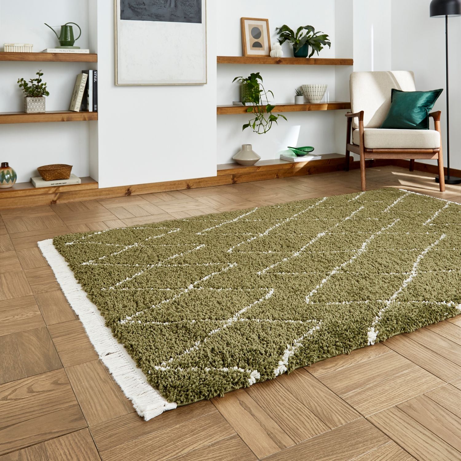 Green Edie Boho Diamond Shaggy Rug from Roseland Furniture