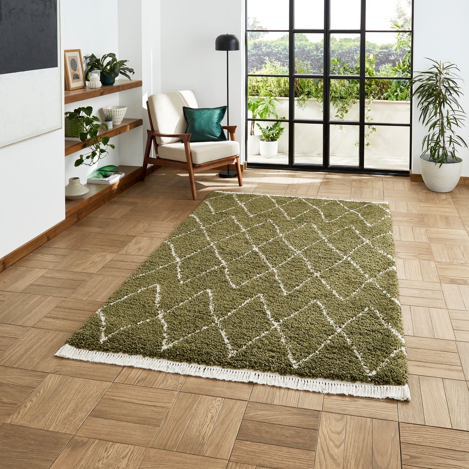 Green Edie Boho Diamond Shaggy Rug from Roseland Furniture