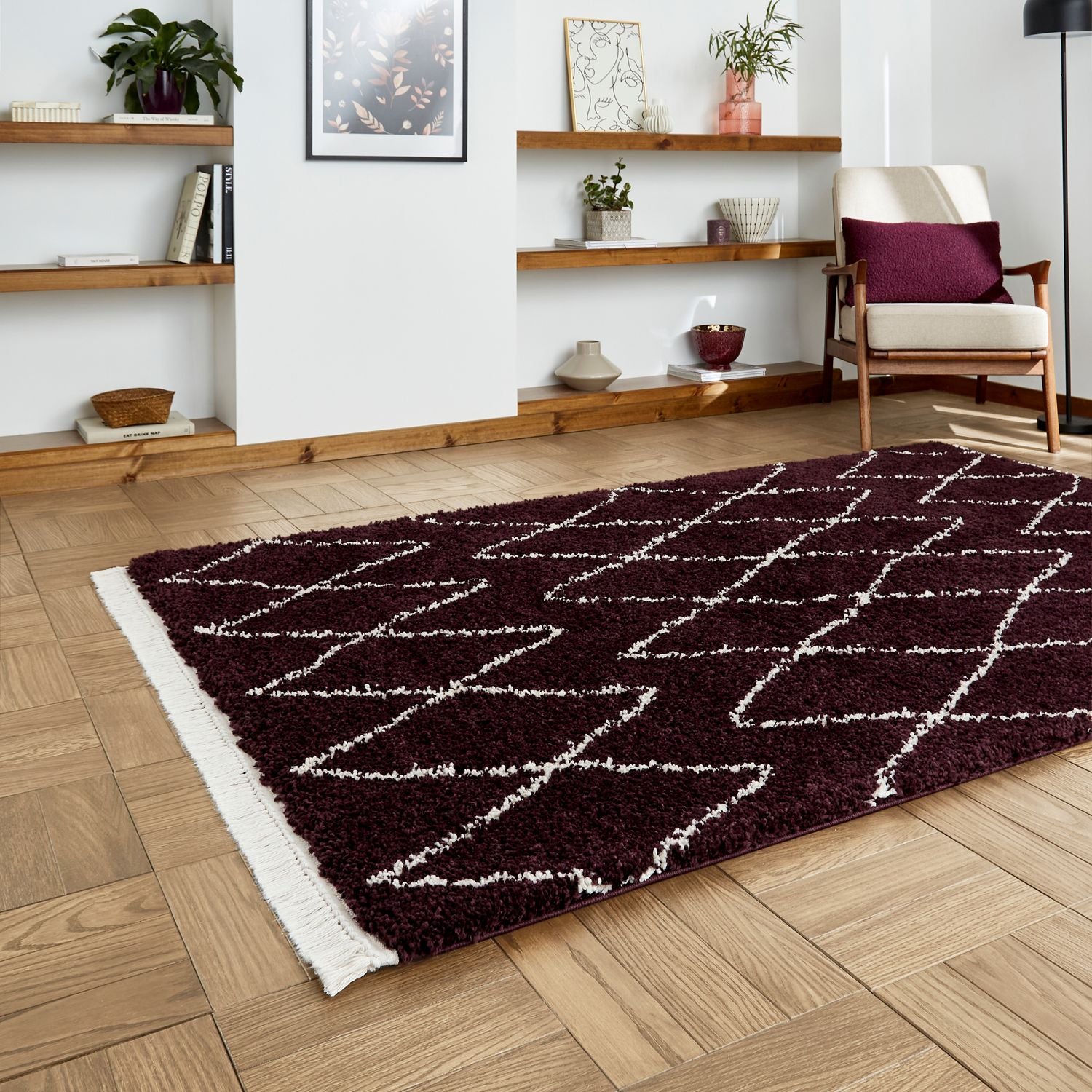 Purple Edie Boho Diamond Shaggy Rug from Roseland Furniture