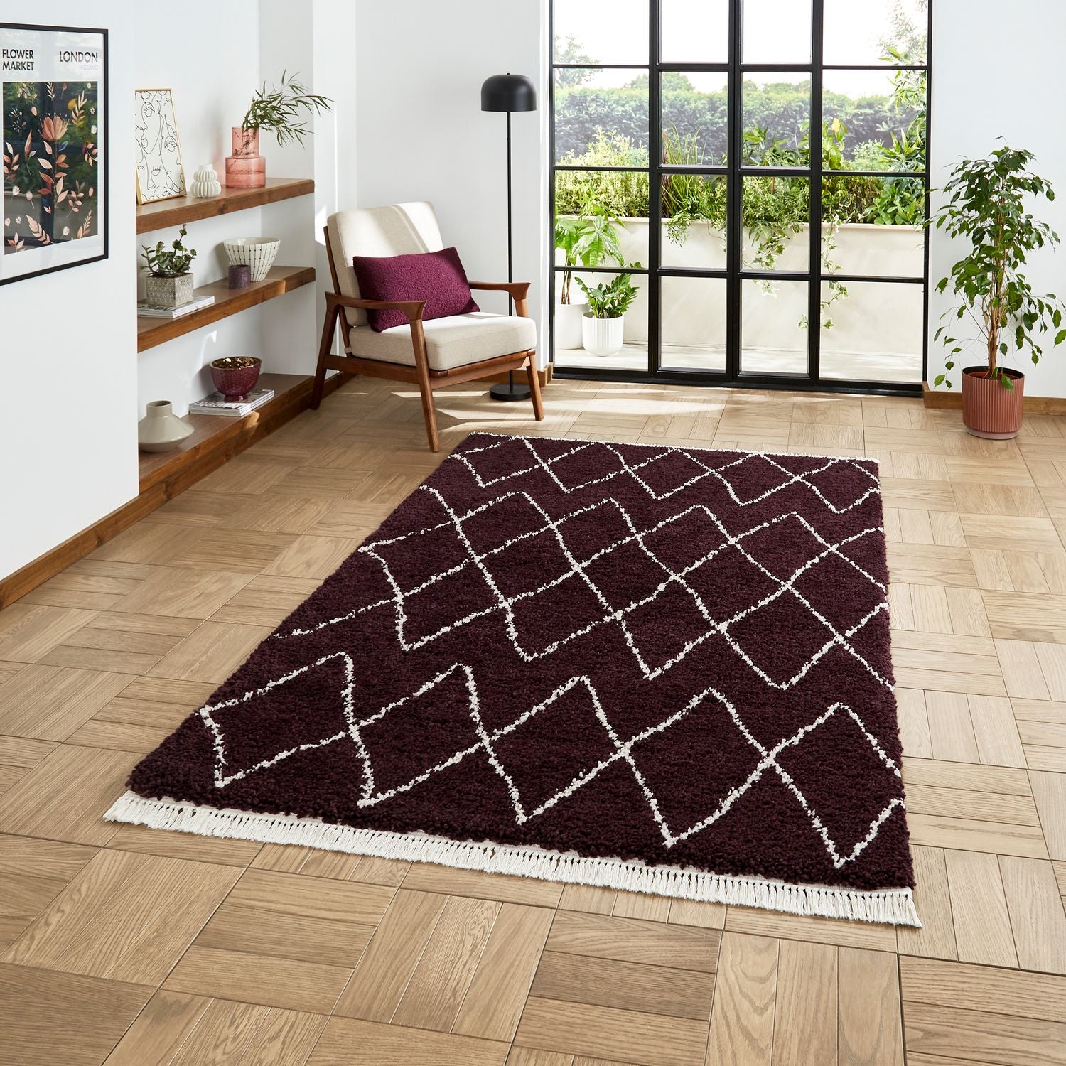 Purple Edie Boho Diamond Shaggy Rug from Roseland Furniture