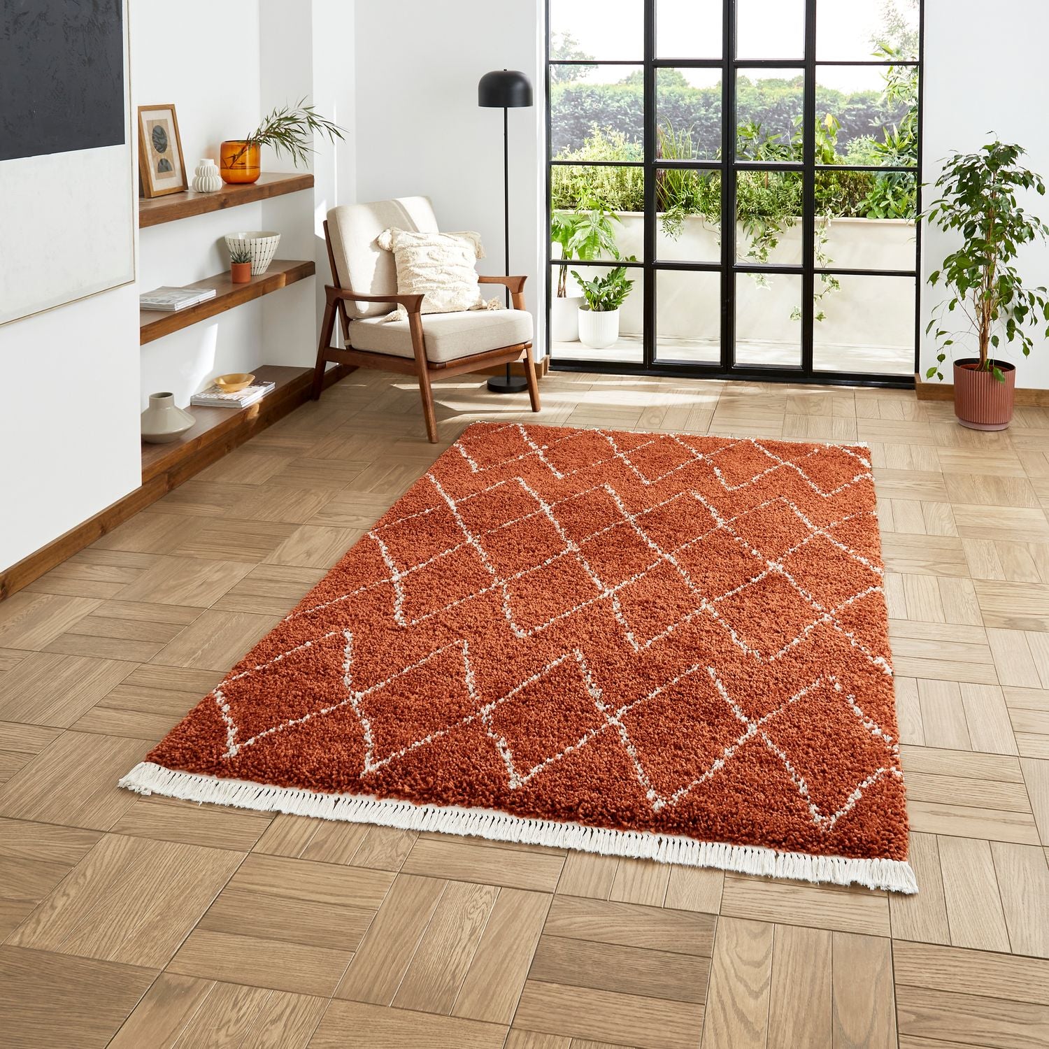Red Edie Boho Diamond Shaggy Rug from Roseland Furniture