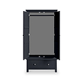 Black armoire with open doors, revealing a gray interior, set against a white background.