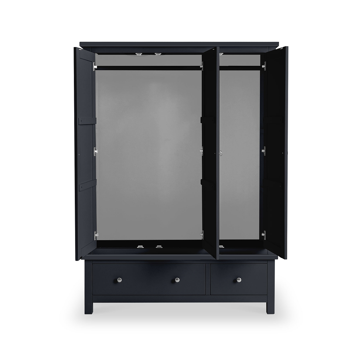 A black wardrobe with open doors, revealing a spacious, empty interior, stands against a white background. Below the cabinet section, a drawer is visible.