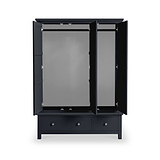 A black wardrobe with open doors, revealing a spacious, empty interior, stands against a white background. Below the cabinet section, a drawer is visible.