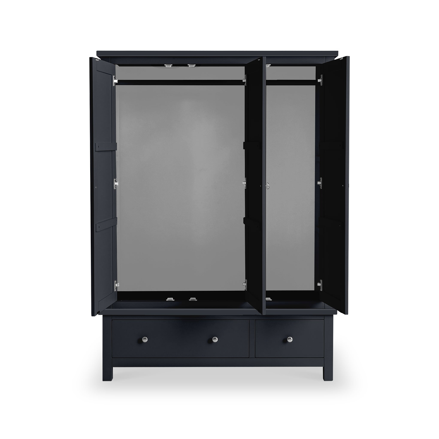 A black wardrobe with open doors, revealing a spacious, empty interior, stands against a white background. Below the cabinet section, a drawer is visible.