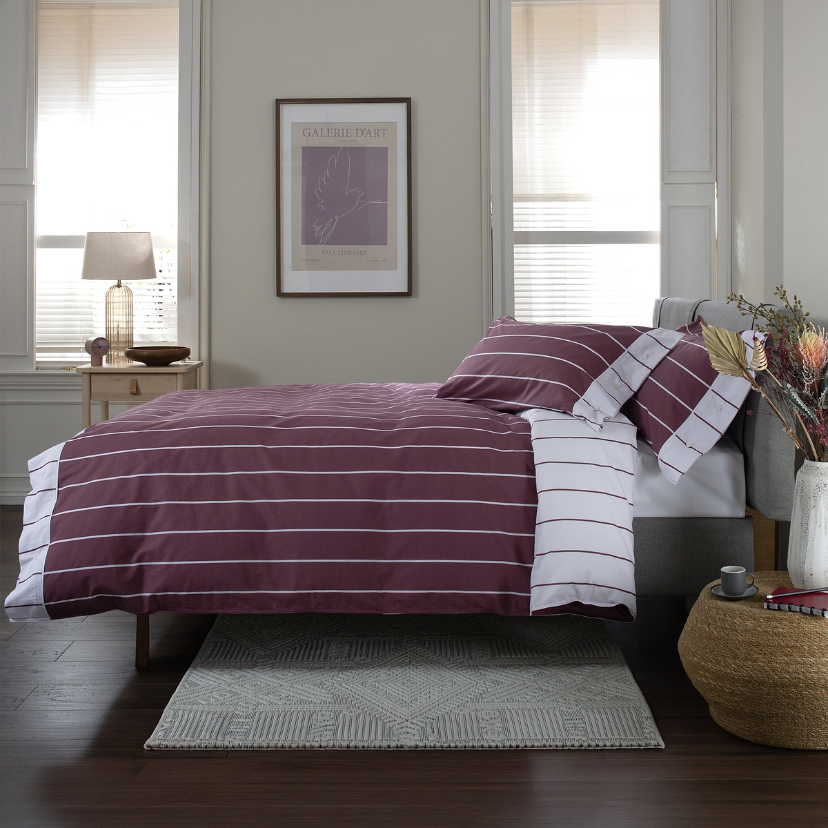 TLC Pin Stripe Duvet Set Double Burgundy from Roseland Furniture