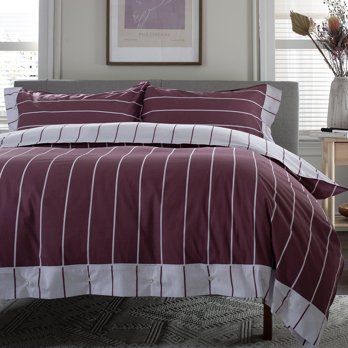 TLC Pin Stripe Duvet Set Double Burgundy from Roseland Furniture