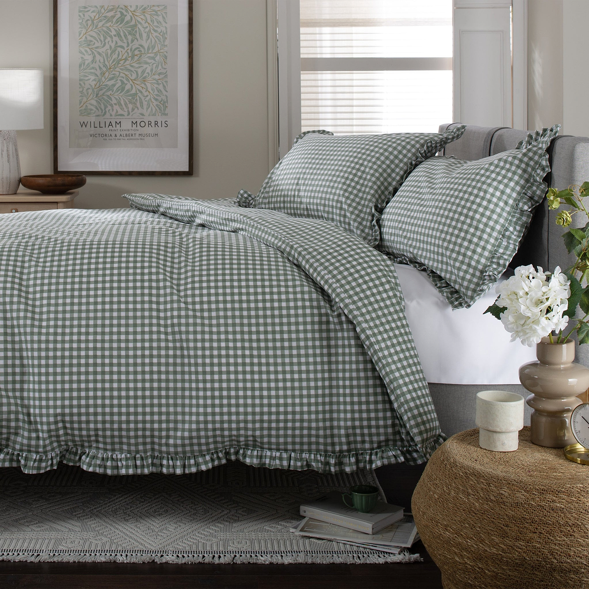 Gingham Frilled Duvet Set Single Green from Roseland Furniture
