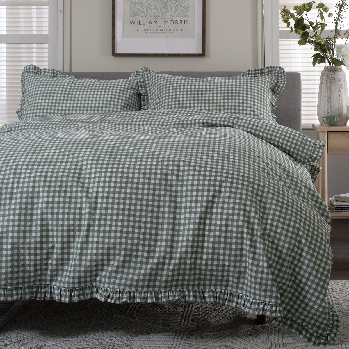 Gingham Frilled Duvet Set Single Green from Roseland Furniture