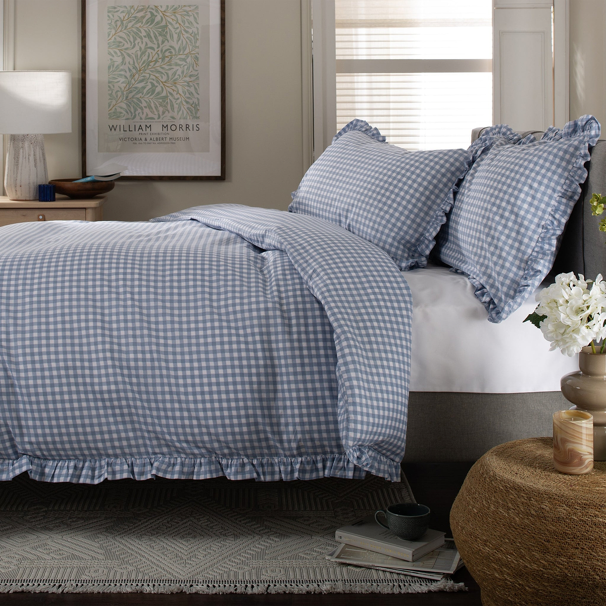 Gingham Frilled Duvet Set Double Blue from Roseland Furniture